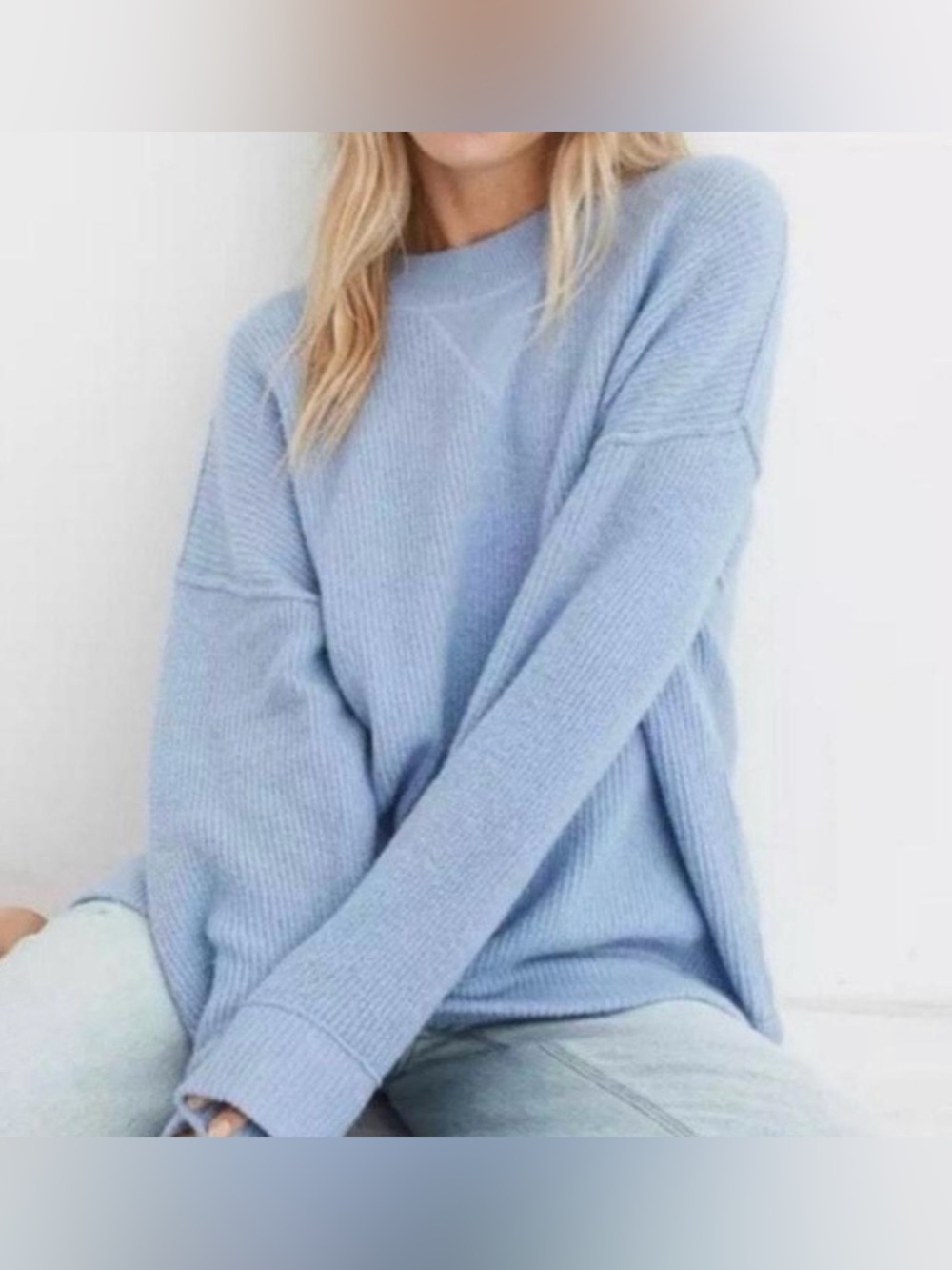 Aerie Light Blue Ribbed Crewneck Oversized Sweater - Size S